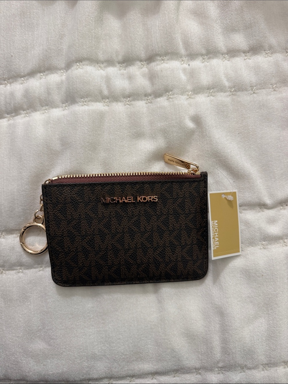Michael Kors Brown Signature Monogram Zip Key Card Holder with Gold Hardware